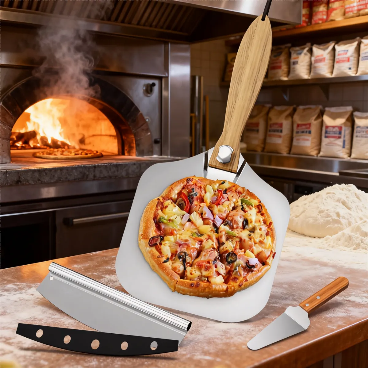 AIZO - Set Pala Pizza plegable Cortador Mango Madera Acero Inox AIZO