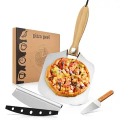 AIZO - Set Pala Pizza plegable Cortador Mango Madera Acero Inox