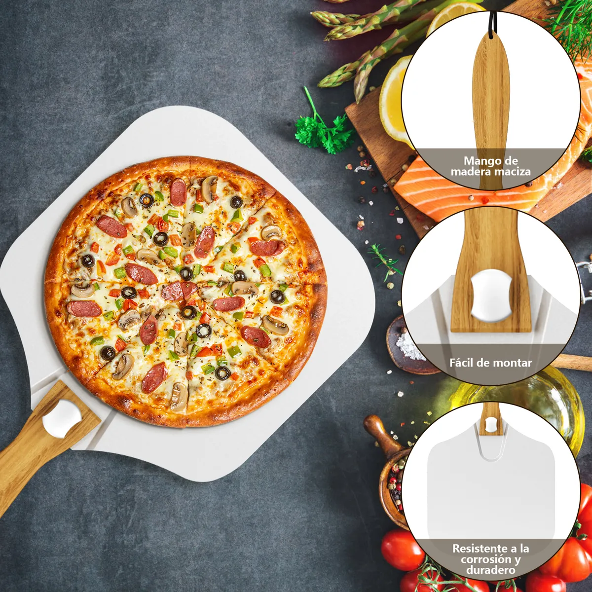 AIZO - Set Pala Pizza plegable Cortador Mango Madera Acero Inox AIZO