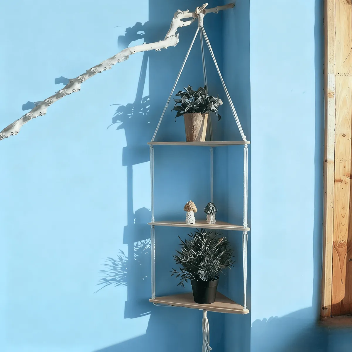 HALMAN - Repisa Colgante Esquinera Madera 2 Niveles para Maceteros Boho