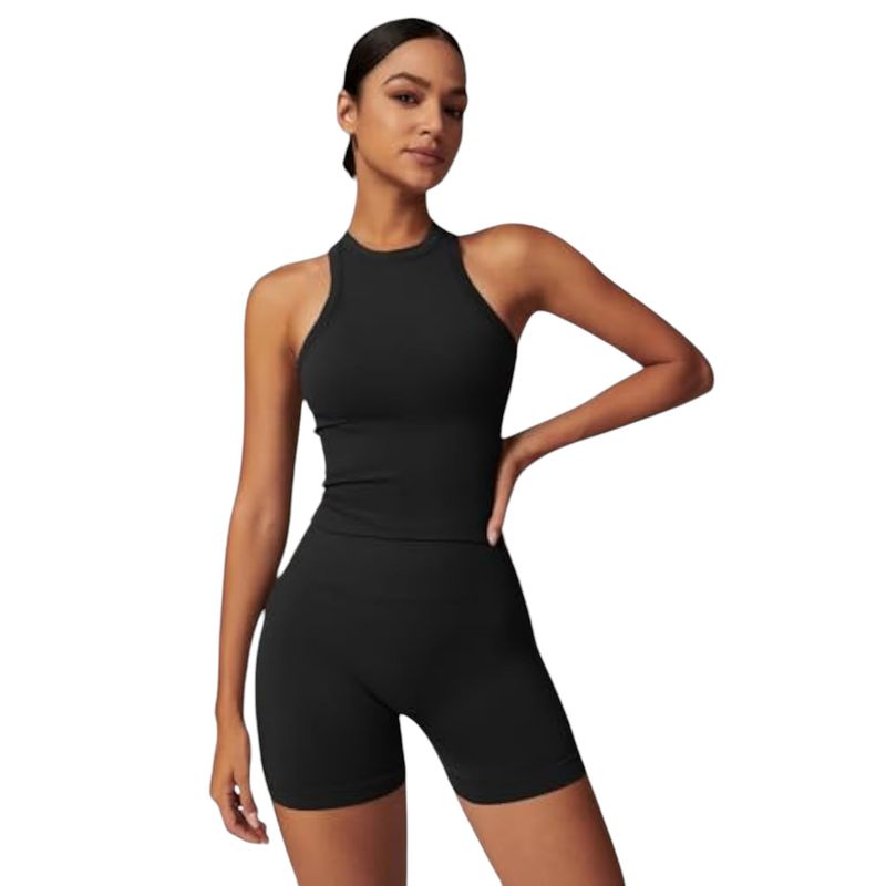 RURUTOTO - Traje De Deportivo Sin Costuras de Top y Shorts Mujer Negro