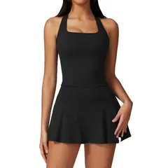 RURUTOTO - Traje Falda Y Top Para Mujer Tenis Deportivo Fitness Negro