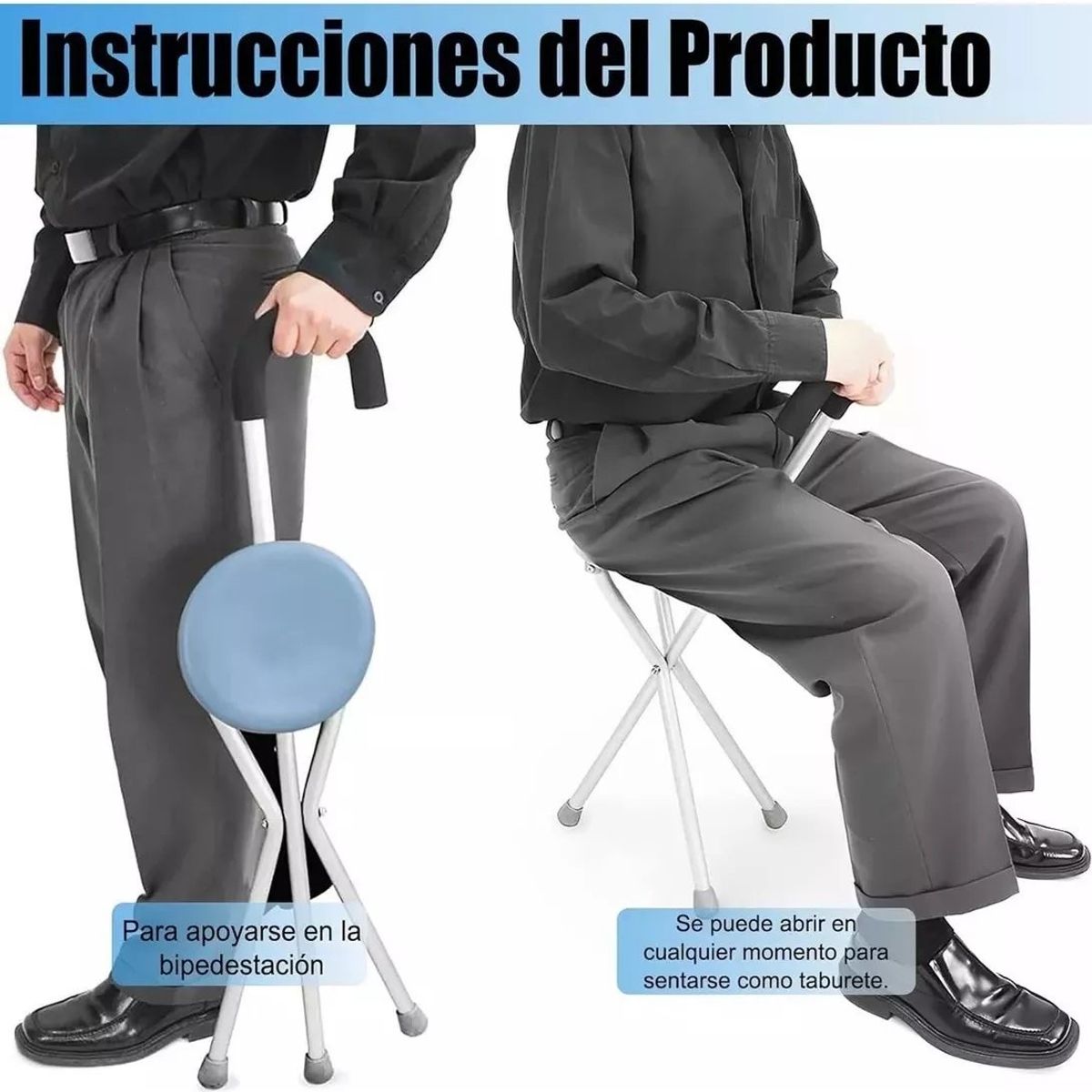 GENERICO - Bastón Con Asiento Plegable Ortopedico Ajustable Color Gris