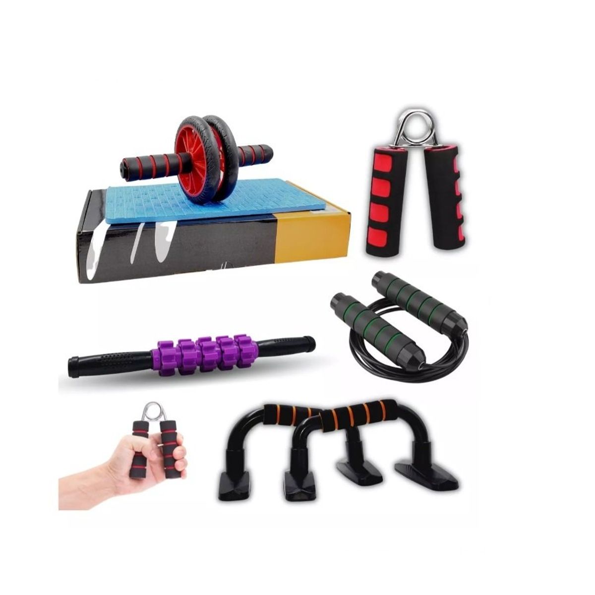 GENERICO - Kit Rodillo Rueda Abdominal Barra Push-up Cuerda Ejercitado