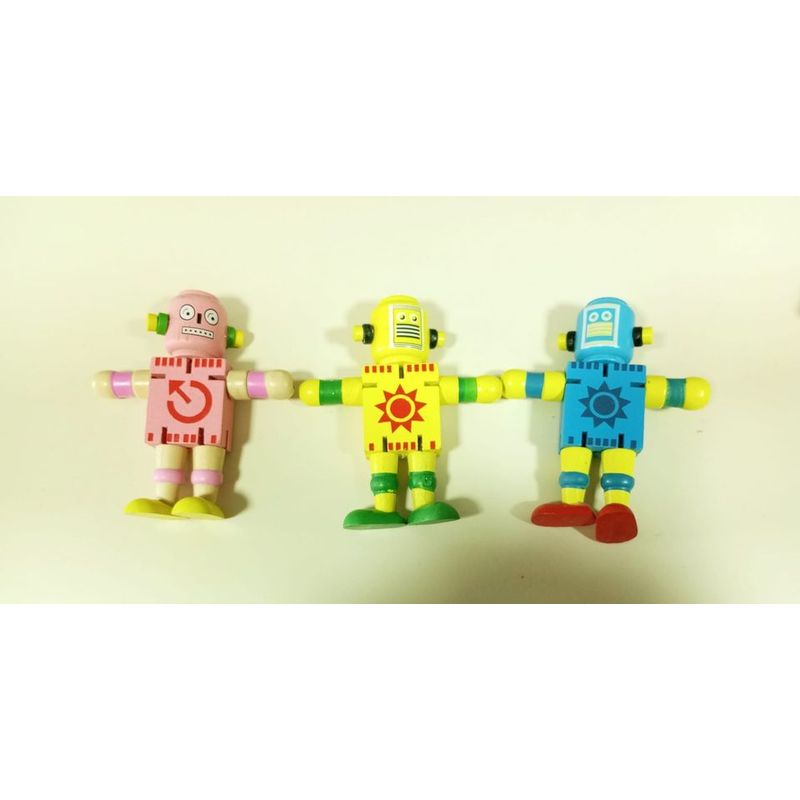 GENERICO - Pack juguete 3 mini robots lindos didáctico 10cm de madera