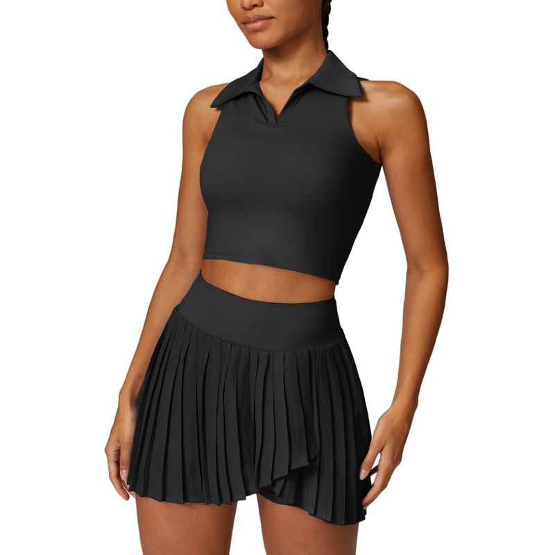RURUTOTO - Traje Deportivo Gym Yoga Top Y Falda tenis Para Mujer Negro