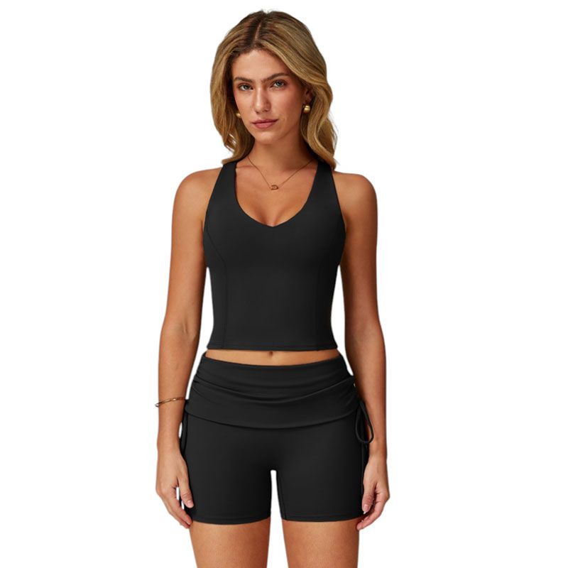 RURUTOTO - Conjunto de Deportivo 2 piezas de Top y Shorts Mujer Negro