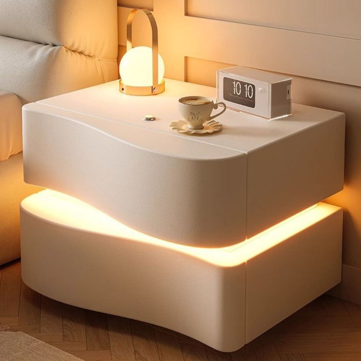 SANTU HOME & DECO - Velador Doble Cajón Con Luz Led Crema