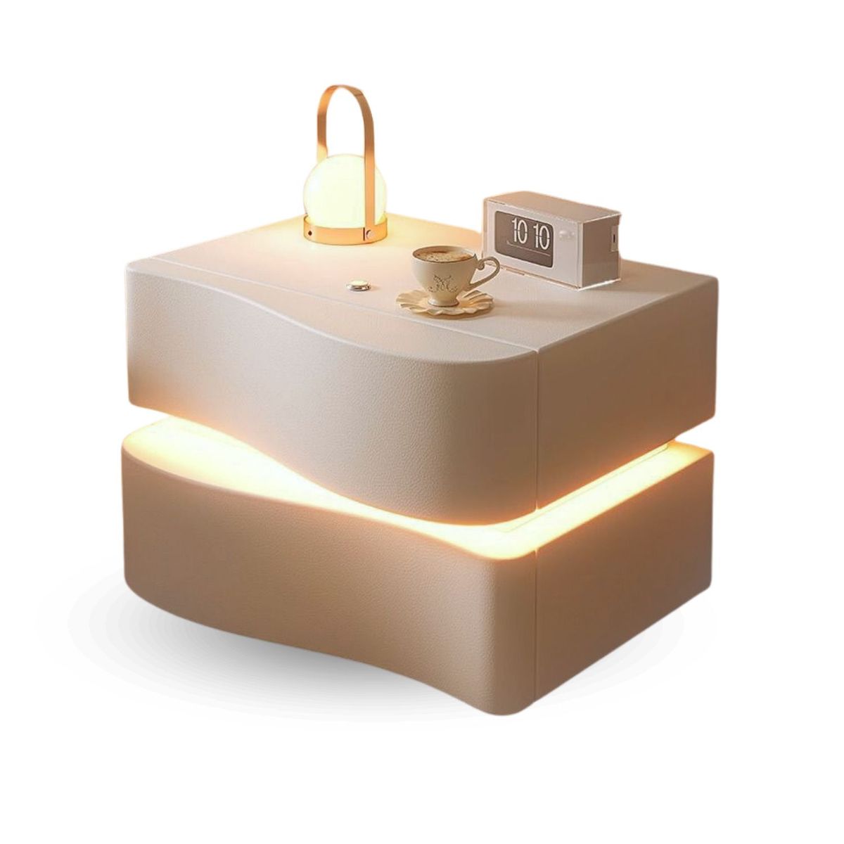 SANTU HOME & DECO - Velador Doble Cajón Con Luz Led Crema