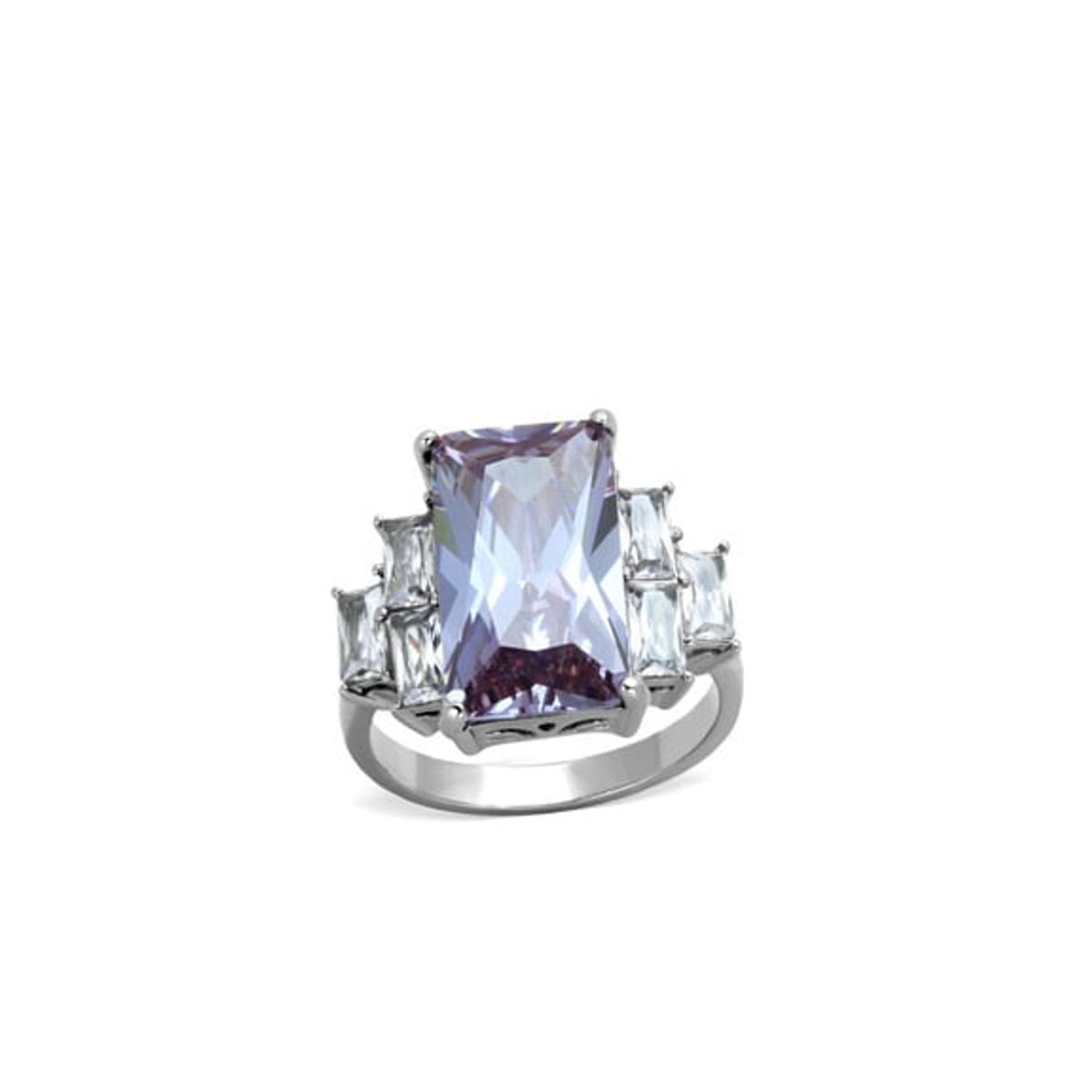 VANE COLLECTION - Anillo para mujer solitario lila morado radiant 12mm en acero, baño rodio y circón