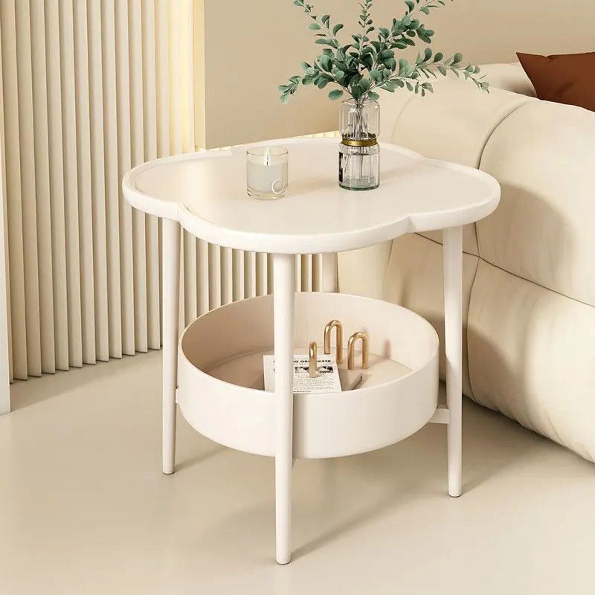 SANTU HOME & DECO - Mesa Velador Nube Con Cesta de Almacenamiento Blanco