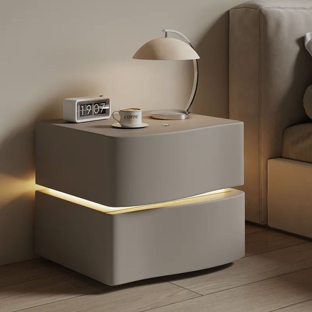 SANTU HOME & DECO - Velador Doble Cajón Con Luz Led Gris