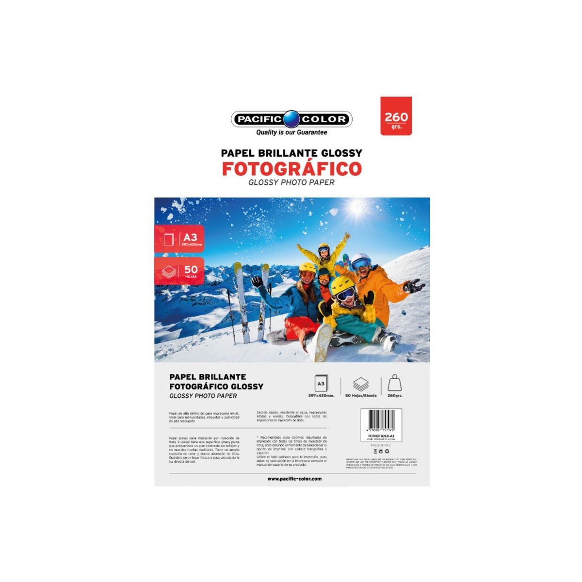 PACIFIC COLOR - Papel Fotográfico Glossy 50 Hojas Tamaño A3 260grs - SC