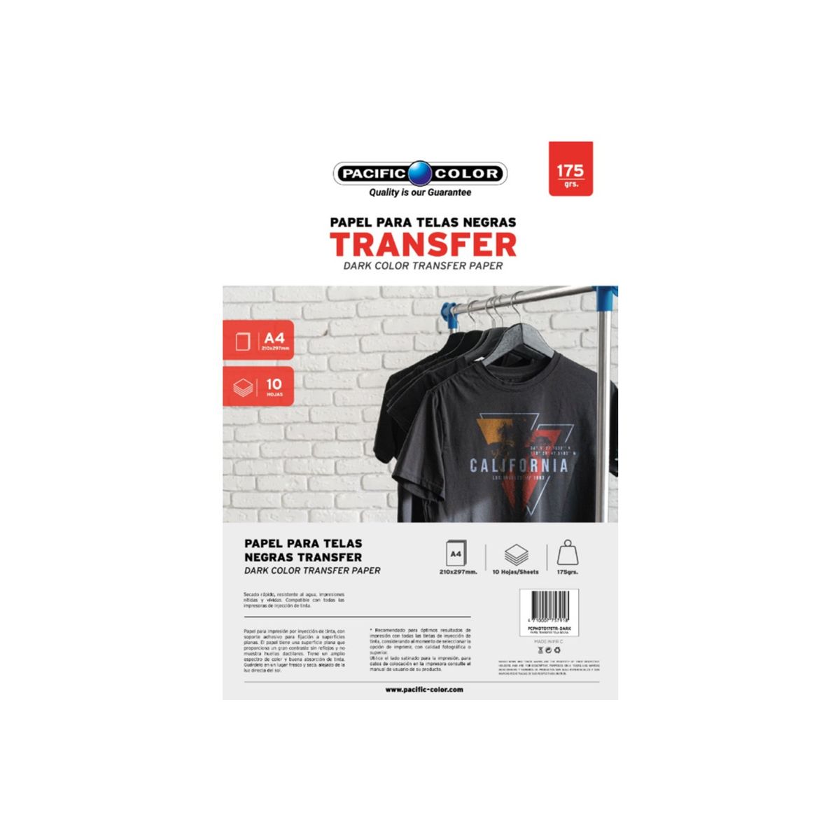 PACIFIC COLOR - Papel Transfer Ropa Oscura 10 Hojas Tamaño A4 De 175grs - SC