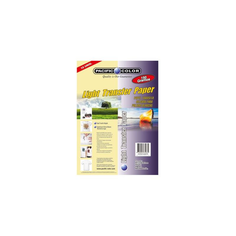 PACIFIC COLOR - 10 Hojas Papel Transfer Ropa Clara A4 150grs - SC