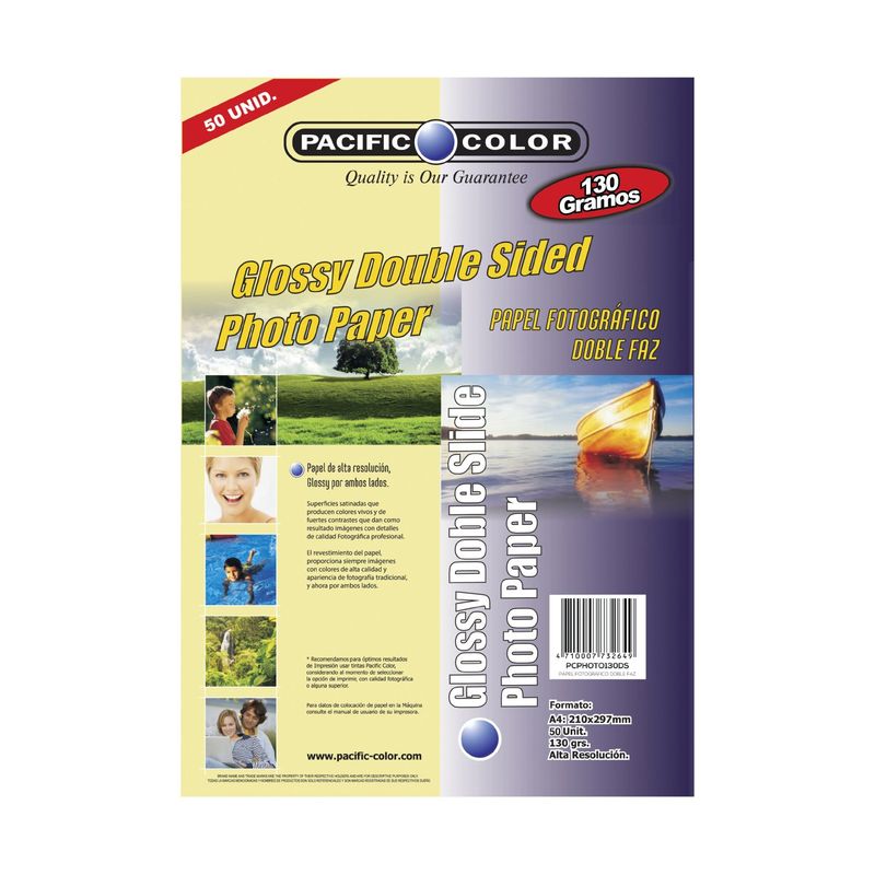 PACIFIC COLOR - 50 Hojas Papel Fotográfico Doble Faz Glossy 130grs A4 - SC