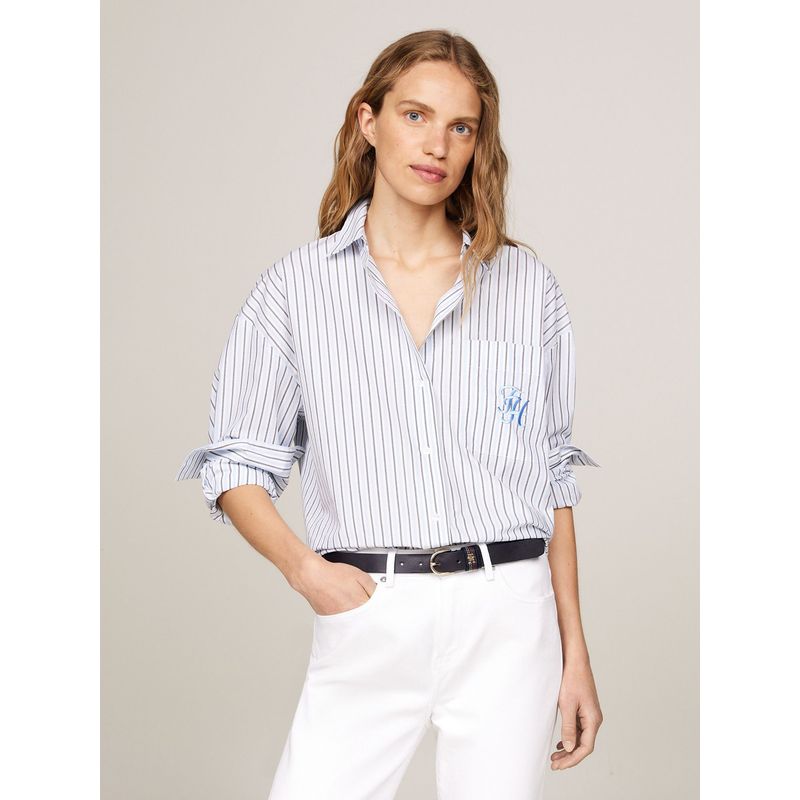 TOMMY HILFIGER - Camisa De Rayas Con Corte Oversize Blanco Tommy Hilfiger