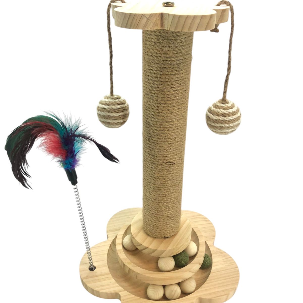 GENERICO - Juguete Rascador Pilar Sisal Para Gato Con Pelotitas Y Pluma