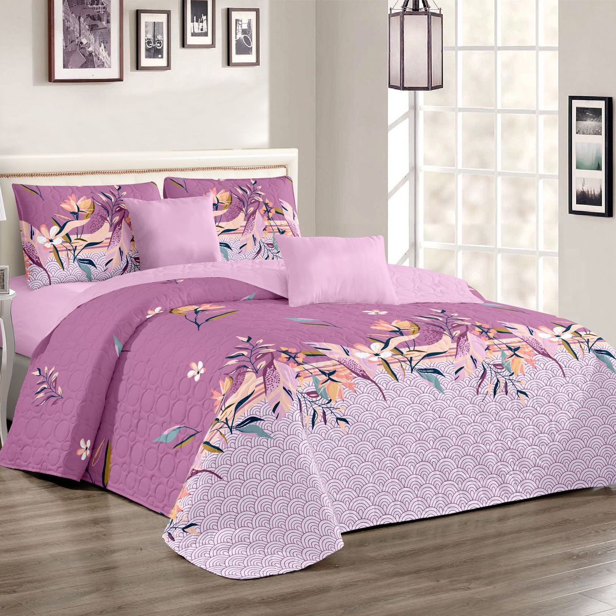 GENERICO - Quilt de Verano 2 plazas. Color Rosado con Diseño Flores