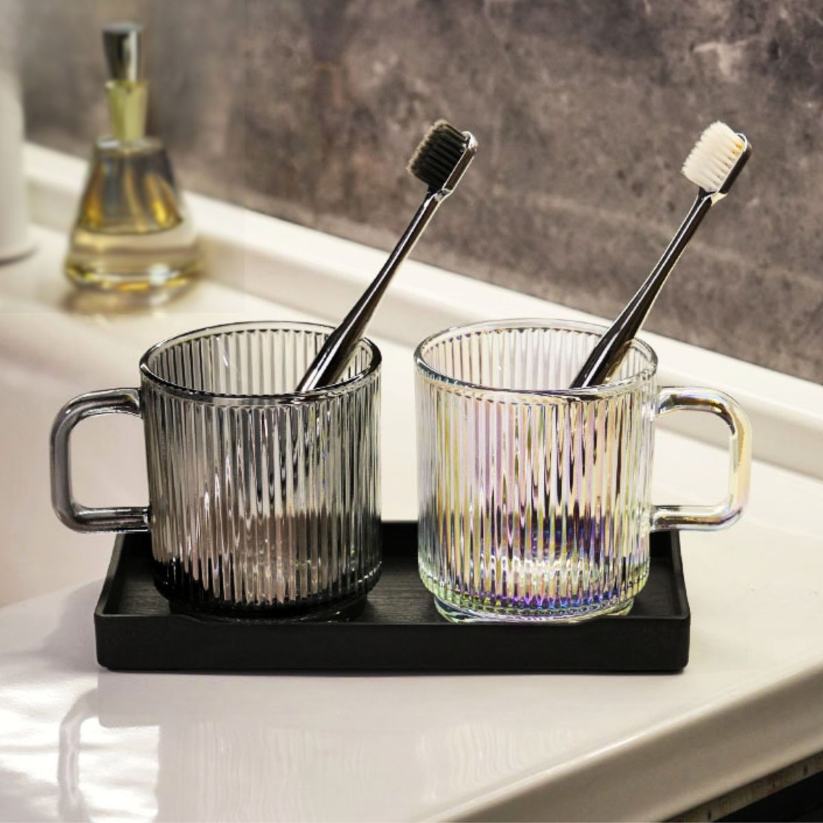 SANTU HOME & DECO - Portacepillos Set de Baño Vasos y Bandeja Vidrio