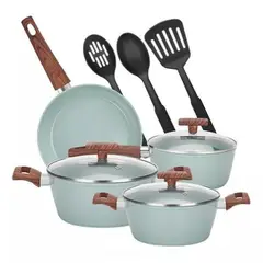 GENERICO - Bateria De Cocina 10 Piezas Antiadherente Granito Menaje Color Verde Claro