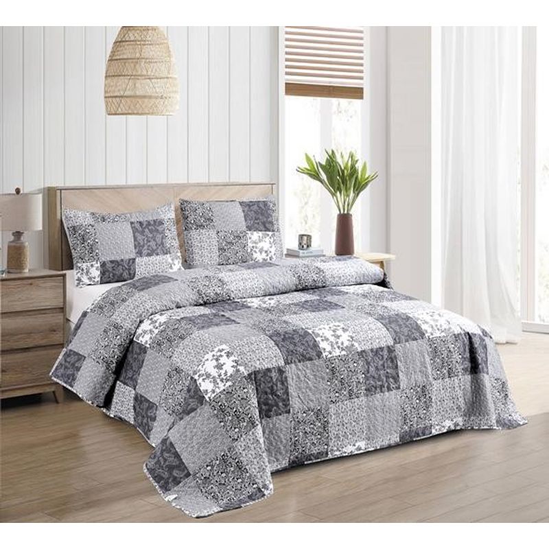 GENERICO - Cobertor de Verano Quilt / Cubrecamas 2 Plazas Gris Cuadros