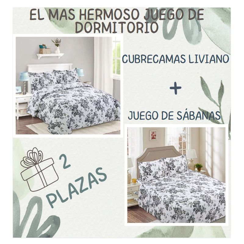 COMPRAPO - Juego Dormitorio Cubrecama Quilt Liviano + Sábanas 2 Pzas Flower Gray