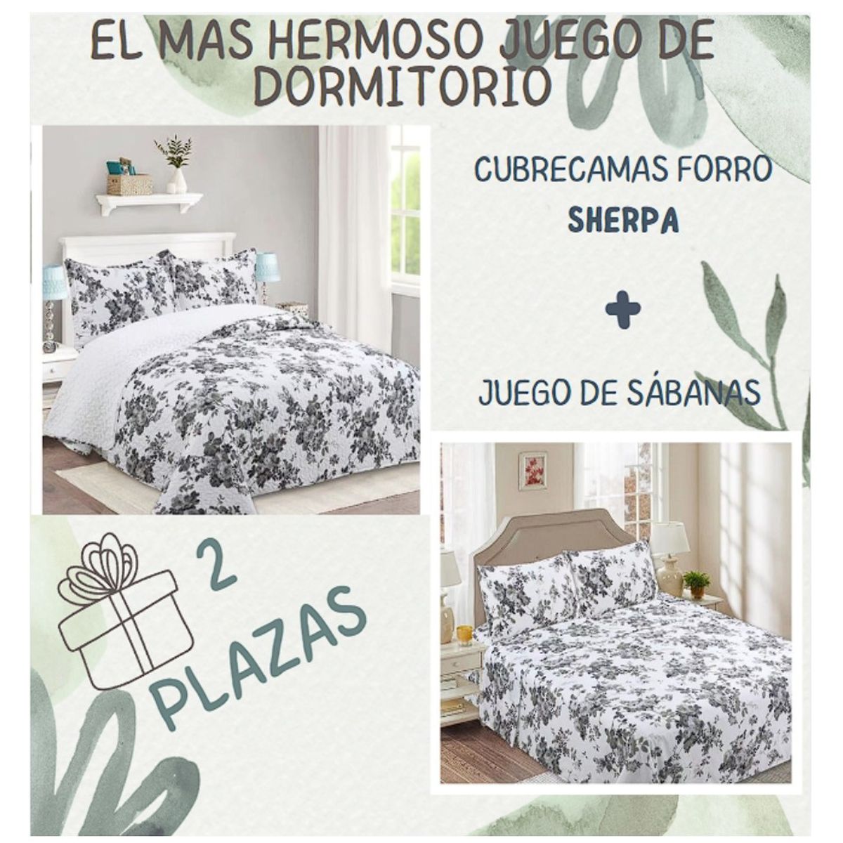 COMPRAPO - Juego Dormitorio Cubrecama Quilt Sherpa + Sábanas 2 Plazas Flower Gray