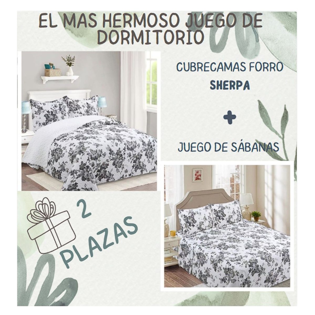 COMPRAPO - Juego Dormitorio Cubrecama Quilt Sherpa + Sábanas 2 Plazas Flower Gray
