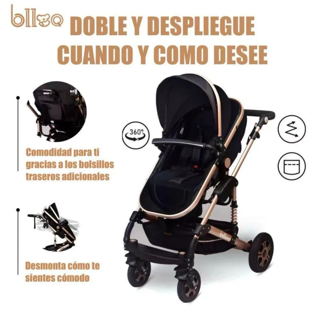 BLLOQ - Coche Cuna Bebé 5 En 1 Plegable Multifuncional Y Accesorios