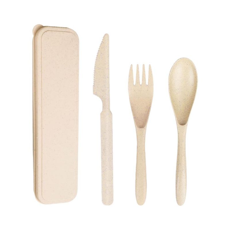 GENERICO - Set 3 Cubiertos Ecológico Portátil Camping Outdoor Beige