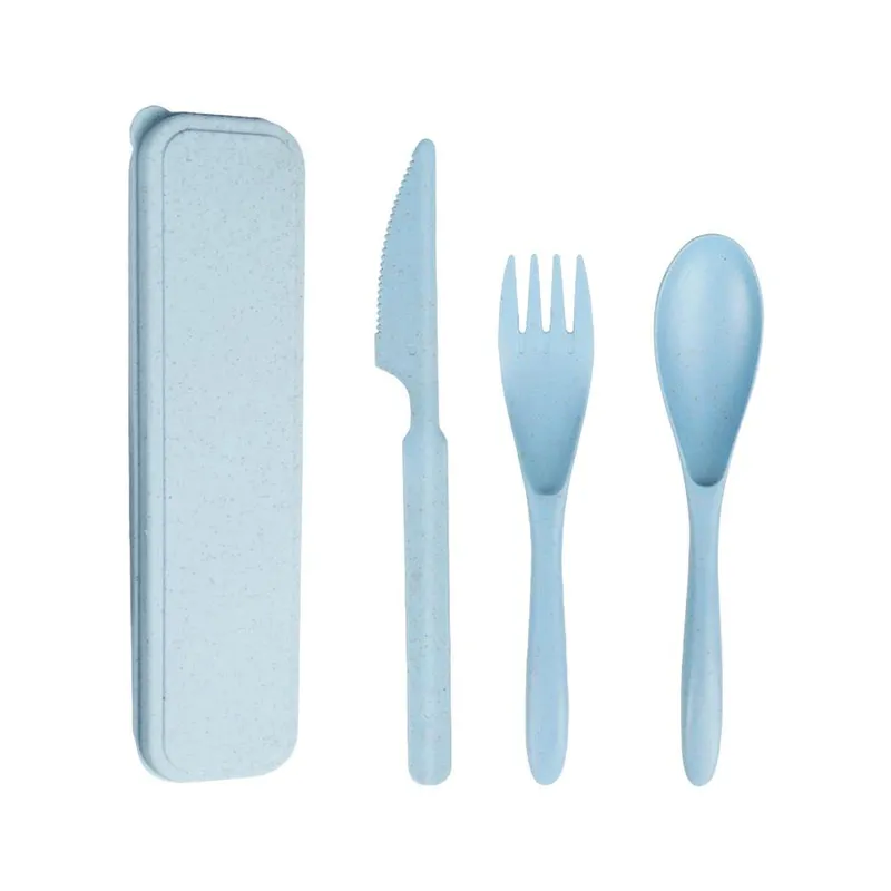 GENERICO - Set 3 Cubiertos Ecológico Portátil Camping Outdoor Celeste