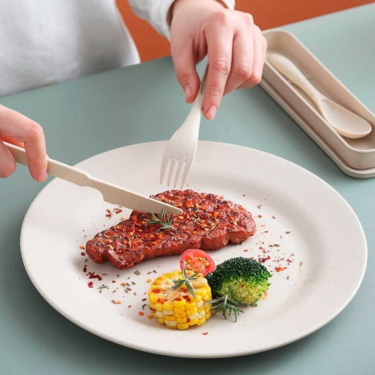 GENERICO - Set 3 Cubiertos Ecológico Portátil Camping Outdoor Celeste