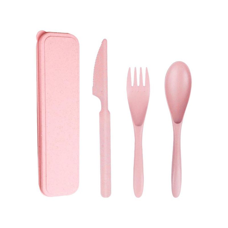 GENERICO - Set 3 Cubiertos Ecológico Portátil Camping Outdoor Rosado