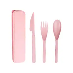 GENERICO - Set 3 Cubiertos Ecológico Portátil Camping Outdoor Rosado