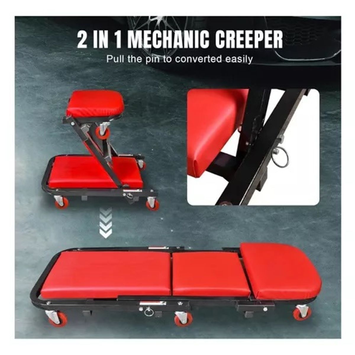 PROWAY - Piso Asiento Camilla Taller Mecanico Negra  Ajustable 2 En 1