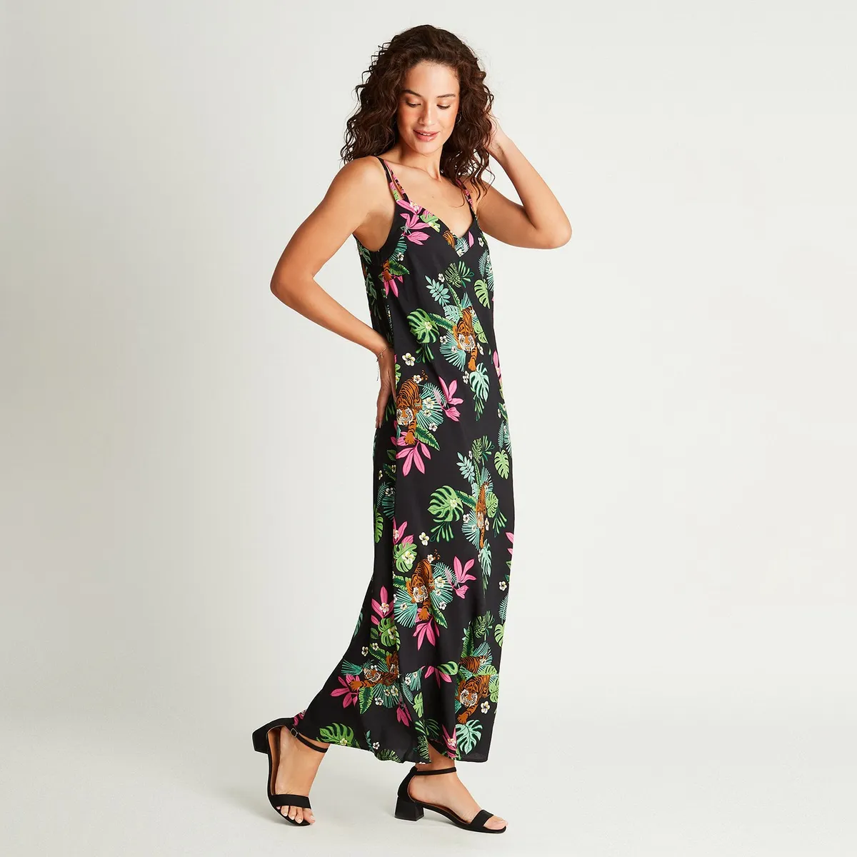 ACUARELA - Vestido Maxi Negro Estampado Tirantes - Negro