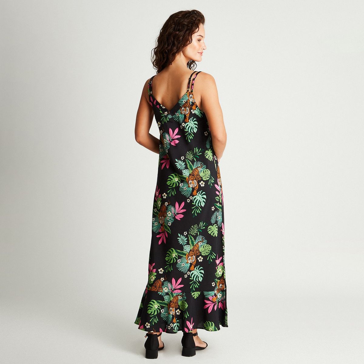 ACUARELA - Vestido Maxi Negro Estampado Tirantes - Negro