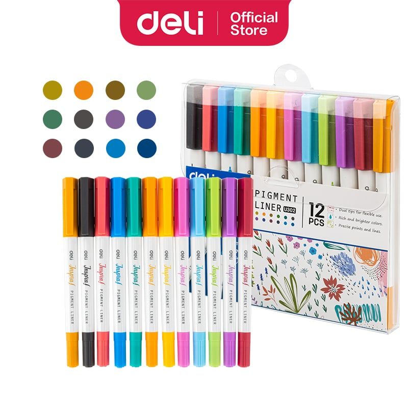 DELI - Marcador de Doble Punta 12 Colores con Secado Rápido