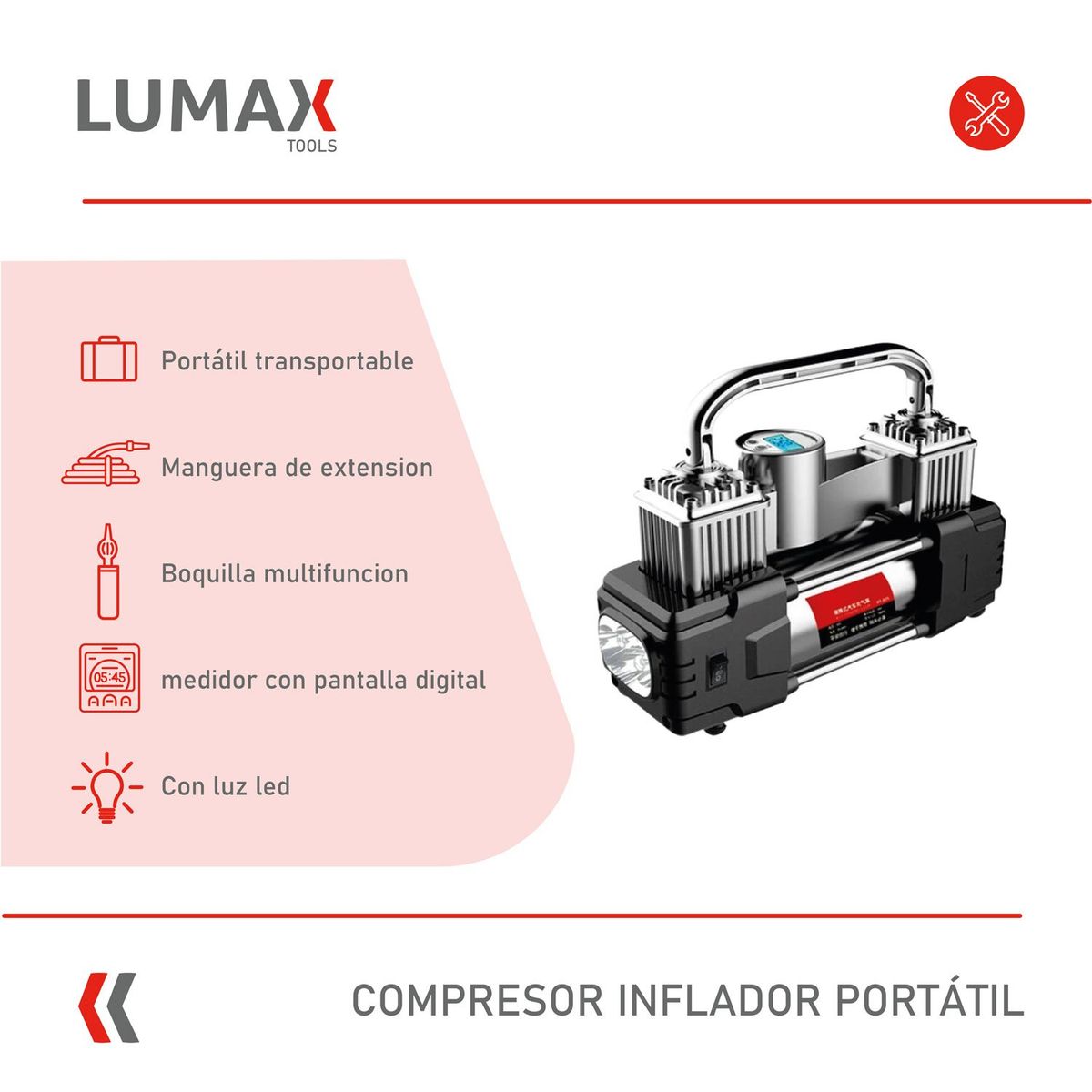 LUMAX - Compresor Inflador Digital Portatil De Neumaticos Autos