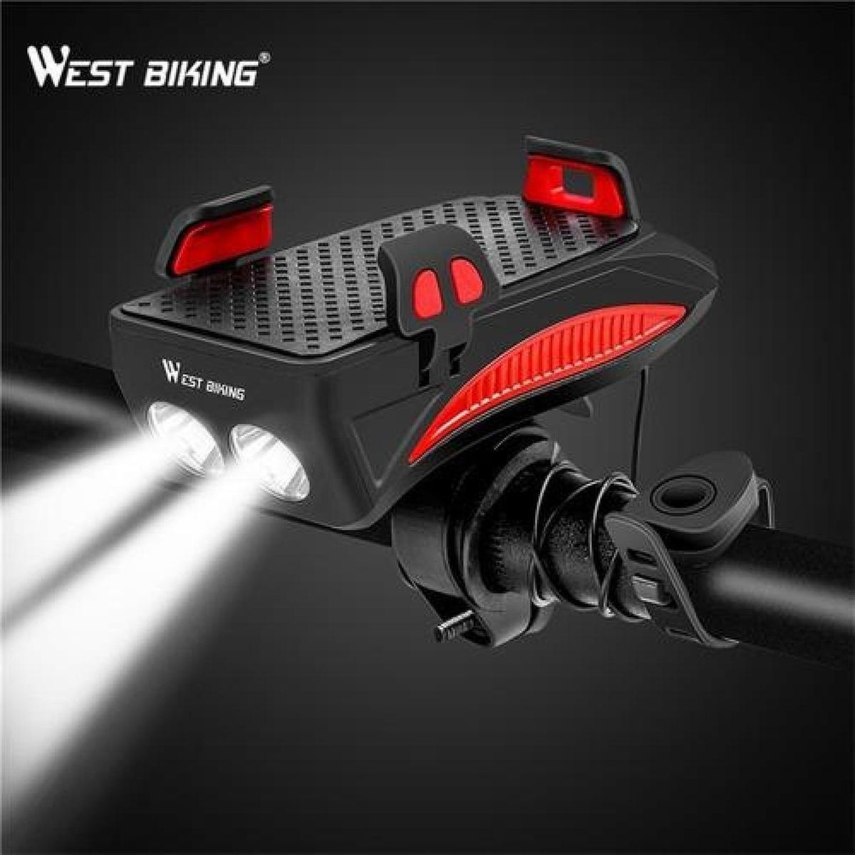 WEST BIKING - Luz Bocina Porta Carga Celular Bicicleta Delantera Foco Usb - Multicolor