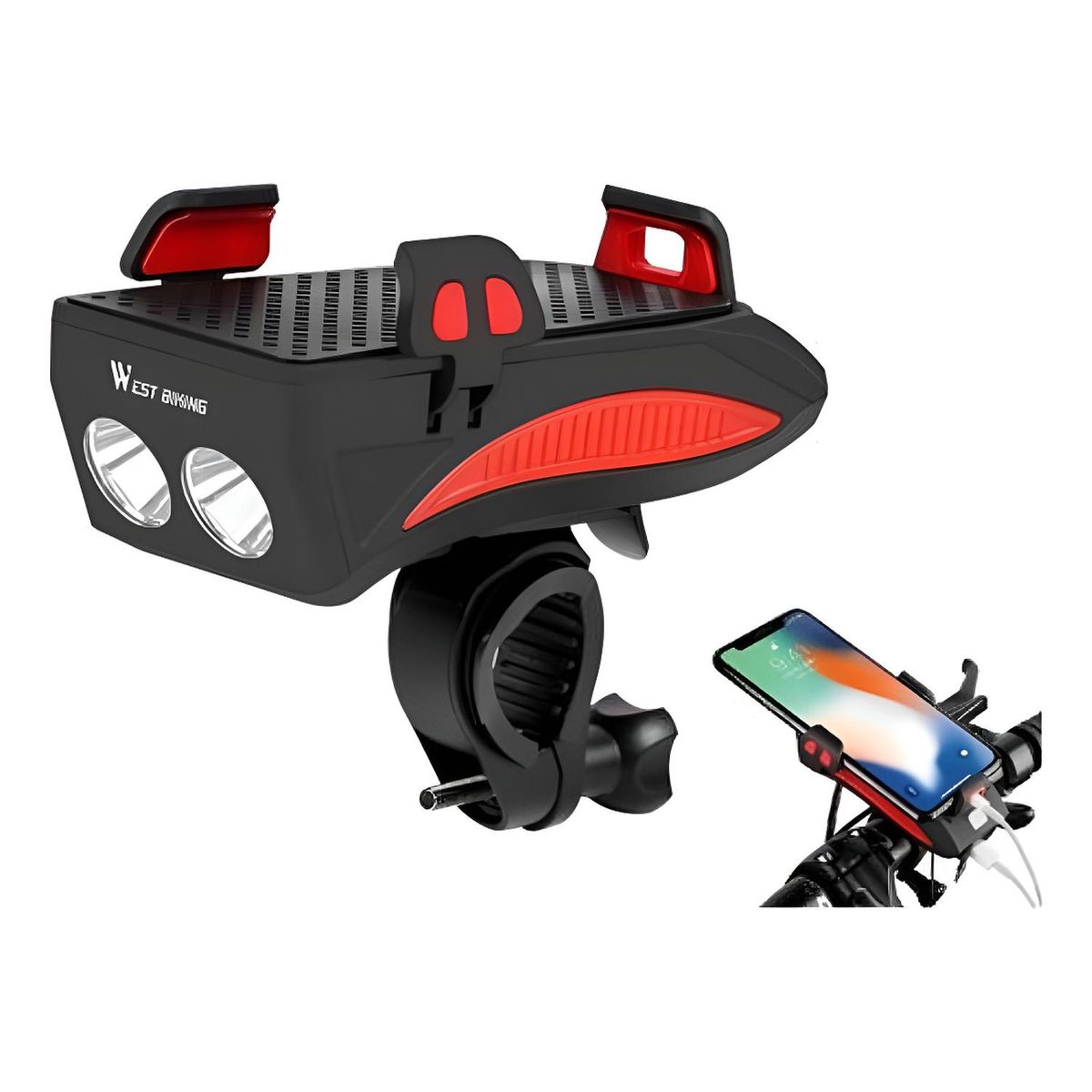 WEST BIKING - Luz Bocina Porta Carga Celular Bicicleta Delantera Foco Usb - Rojo