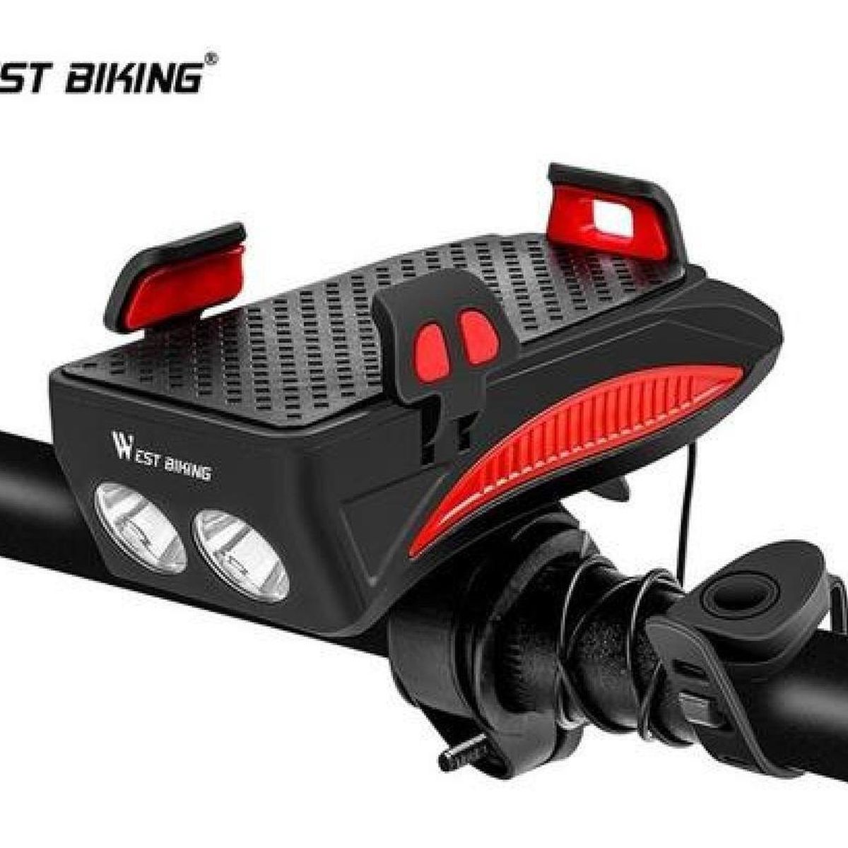 WEST BIKING - Luz Bocina Porta Carga Celular Bicicleta Delantera Foco Usb - Rojo