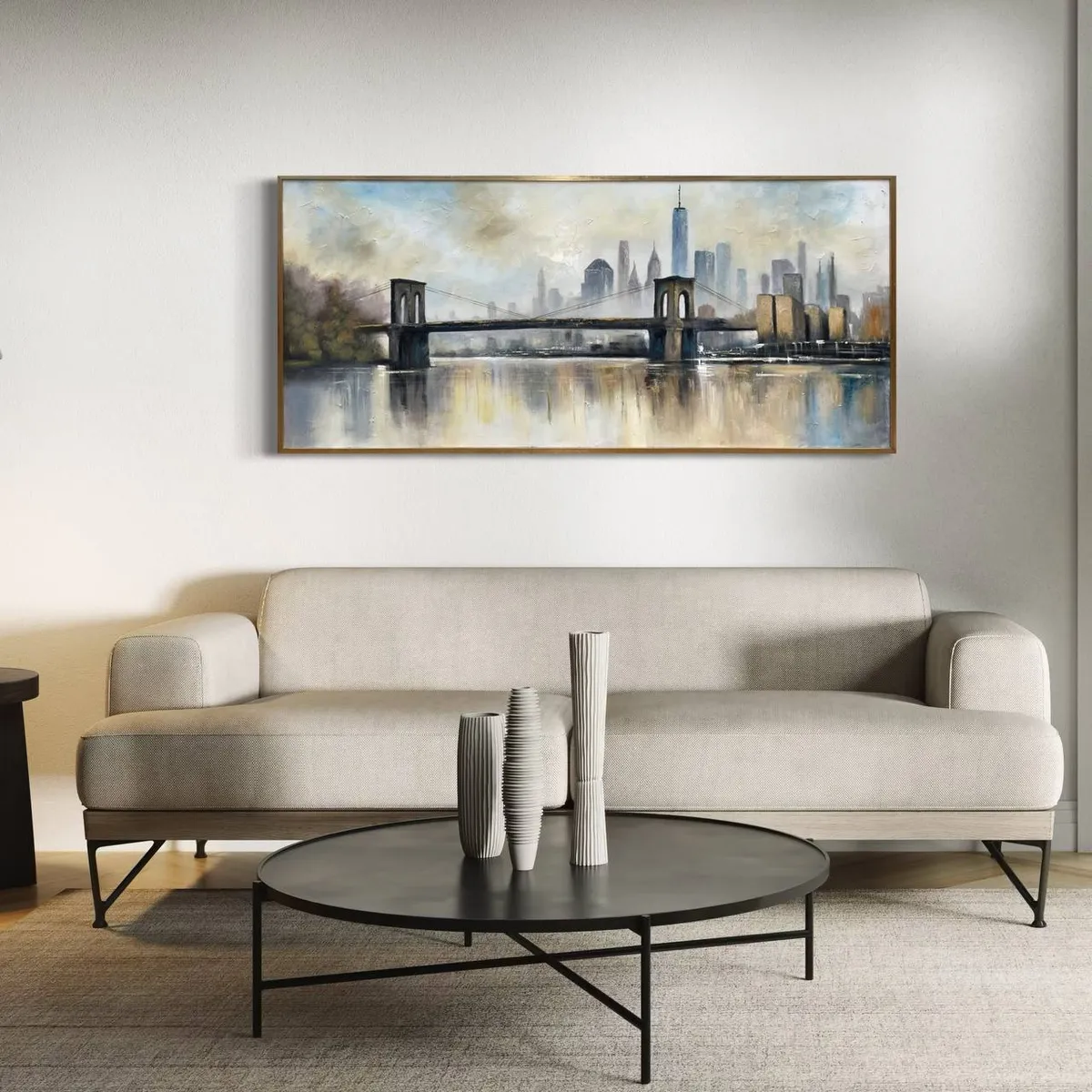 DEKAM DISEÑO - CUADRO ABSTRACTO PUENTE PINTADO CON MARCO DORADO TAMAÑO XL 183x83 CMS