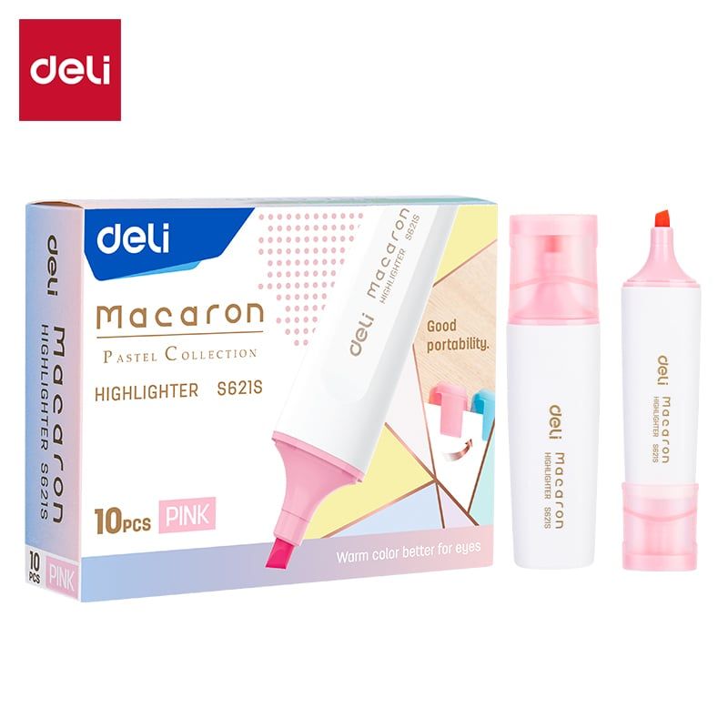 DELI - pack 10 Destacador Pastel Macaron Punta Chisel 1-5mm rosado