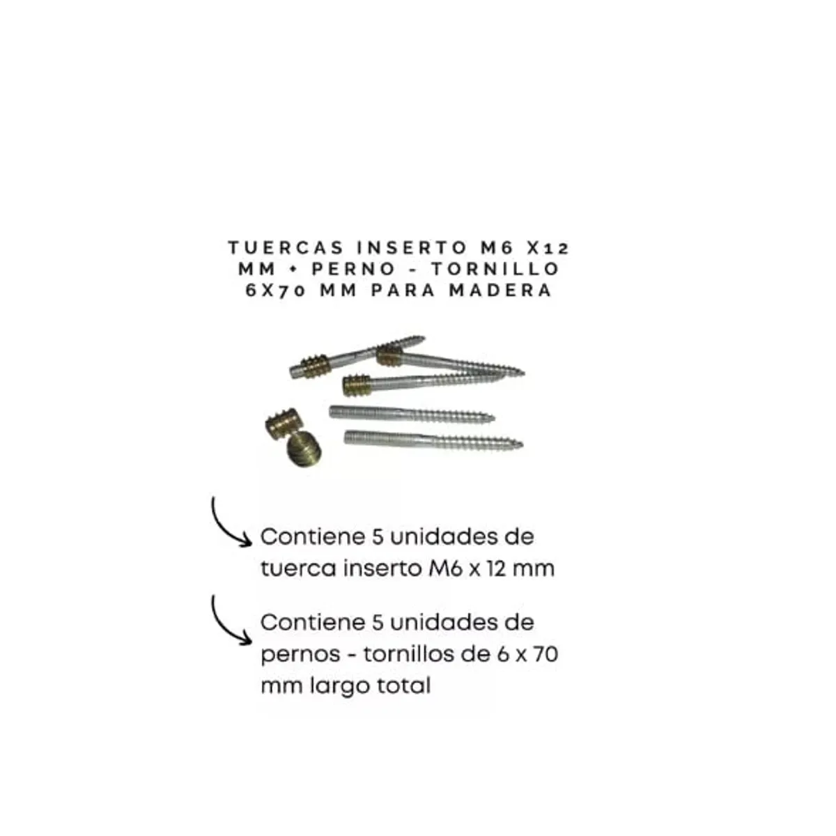 GENERICO - Pack Tuerca Inserto M6 X 12 Mm + Perno - Tornillo 6 X 70 Mm
