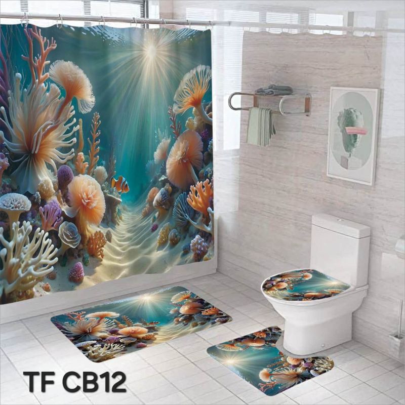 GENERICO - SET DE BAÑO COMPLETO 4 PIEZAS CON CORTINA IMPERMEABLE