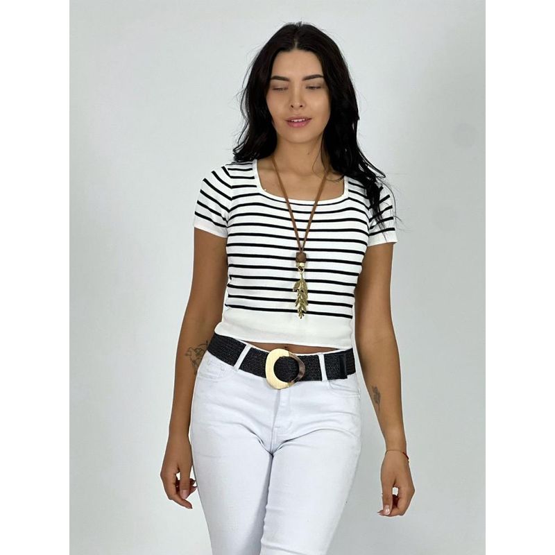 ENIGMATICA BOUTIQUE - Polera Top de Líneas - Blanco - Tamaño Único