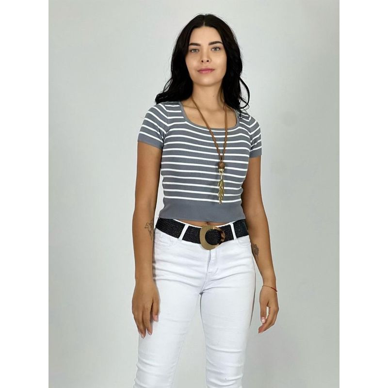 ENIGMATICA BOUTIQUE - Polera Top de Líneas - Blanco - Tamaño Único