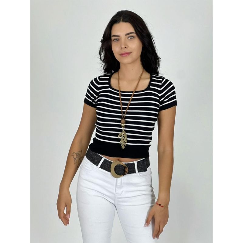 ENIGMATICA BOUTIQUE - Polera Top de Líneas - Blanco - Tamaño Único